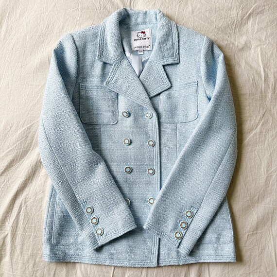 Double Breasted Textured Weave Blazer Jacket Blue