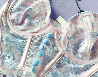 May include: A pink and blue lace lingerie top with a satin trim and blue buttons. The top has a delicate floral pattern and is made of sheer fabric.