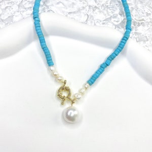 Freshwater Pearl Pendant Beaded Necklace Blue Natural Turquoise Bead Freshwater Baroque Pearl Gold Plated Bohemia Choker Dainty Jewelry Gift