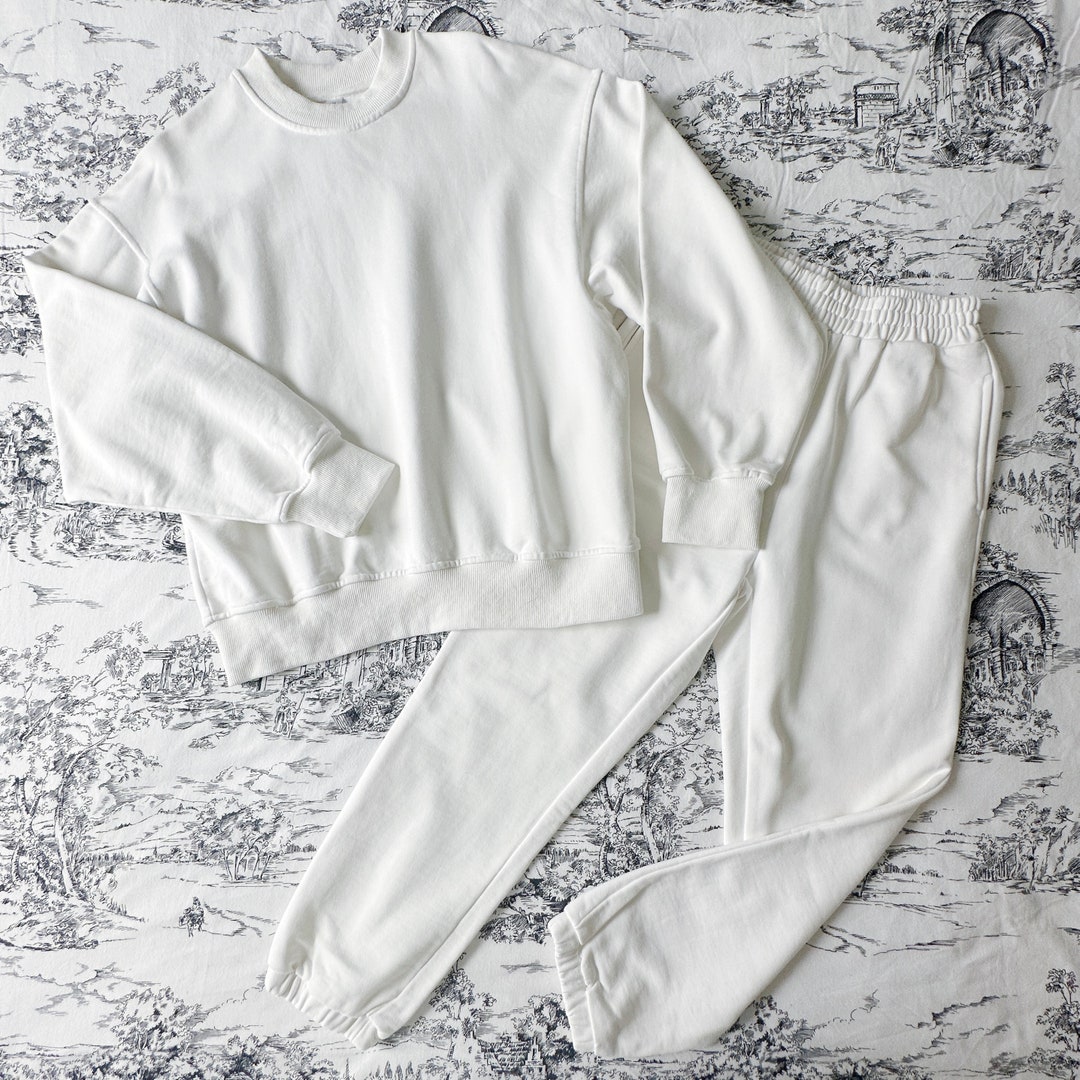 100 Cotton Set Sweat Suit White Basic Round Neck Relaxed Sweatshirt white Jogger Pants Etsy UK