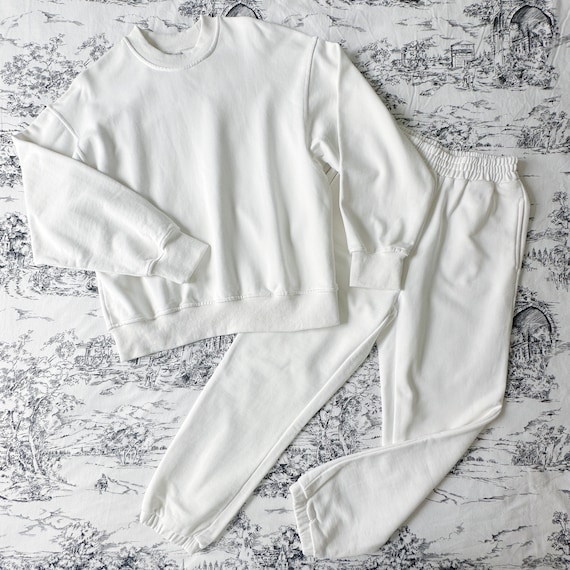 100 Cotton Set Sweat Suit White Basic Round Neck Relaxed Sweatshirt White Jogger Pants