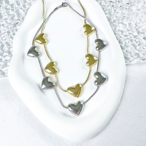 Gold/Silver Puffy Love Heart Beaded Snake Chain Necklace Fancy/Luxury/Y2K Striking Solid Heart Pendant Charm Choker Trendy Fashion Gift
