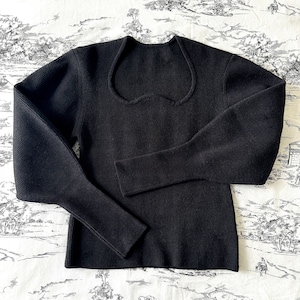 Love Heart Collar/Heart Shaped Neck Slim Fit Knit Top Puff Sleeve Cropped Black Fashionable Pullover Sweater