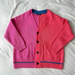 Red/Pink Contrasting Oversized Open Knit V-neck Cardigan Button Up Relaxed Knit Jackets