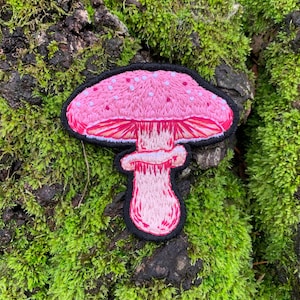 Pink Mushroom Hand Embroidered Patch