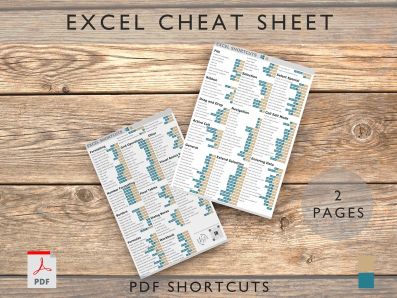 May include: A two-page Excel cheat sheet with keyboard shortcuts for various functions, including formatting, grid operations, number formatting, pivot tables, and more. The cheat sheet is printed on white paper and has a blue and beige color scheme.