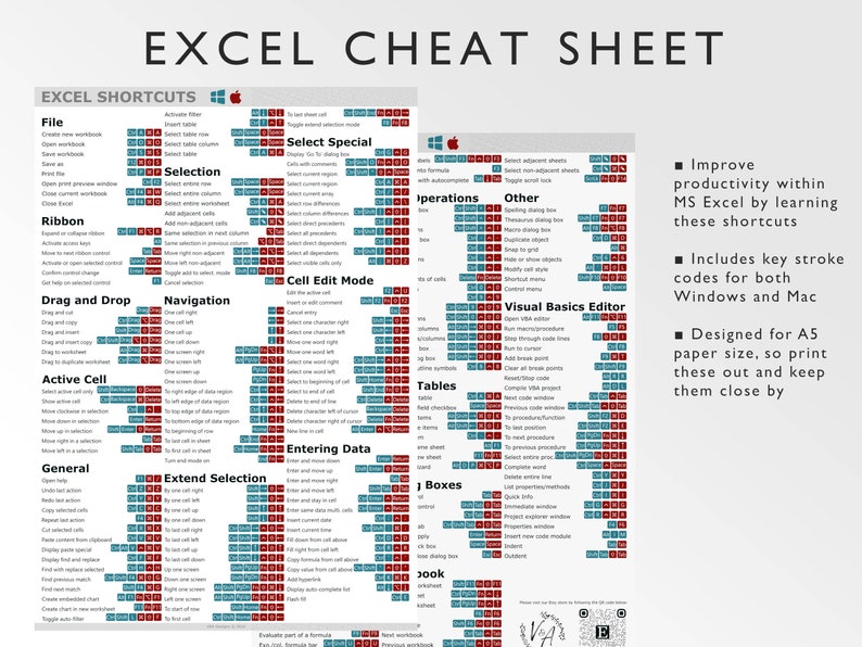 Microsoft Excel Shortcuts Printable Excel Cheat Sheet Etsy Finland