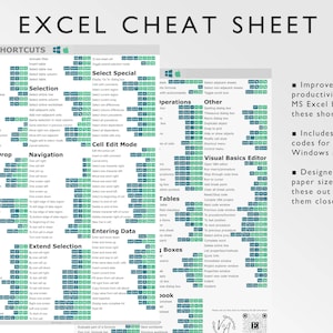 May include: A green and blue cheat sheet with Excel shortcuts for both Windows and Mac. The cheat sheet includes keyboard shortcuts for file management, ribbon, selection, drag and drop, active cell, general, extend selection, cell edit mode, entering data, tables, boxes, operations, other, and visual basics editor.