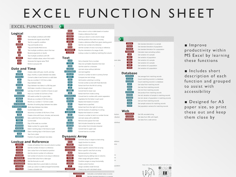 Microsoft Excel Functions Printable Excel Cheat Sheet Workbook ...