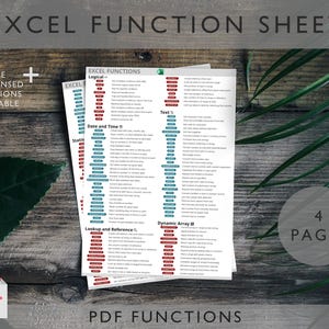 May include: A printable Excel function sheet with four pages. The sheet is divided into categories: Logical, Text, Date and Time, Dynamic Array, and Lookup and Reference. Each category lists a variety of Excel functions with their descriptions.