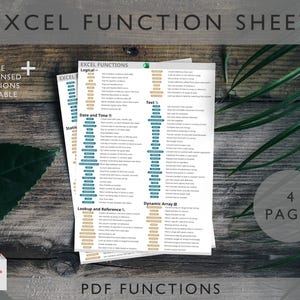 May include: A printable Excel function sheet with four pages. The sheet is divided into categories: Logical, Date and Time, Text, Dynamic Array, and Lookup and Reference. Each category lists a variety of Excel functions.