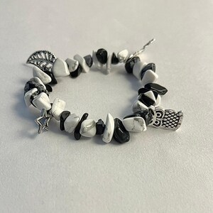 Howlite and Snowflake Obsidian Natural Gemstone Stretch Bracelet with Charms