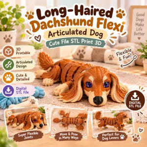 Plik Flexi 3MF dla jamnika długowłosego, Flexi Dachshund 3MF, Flexi Dachshund Dog: Ruchomy plik do druku 3D z zabawkami Stl