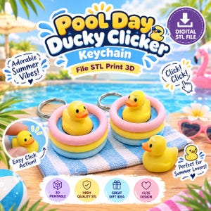 Puede incluir: Un archivo digital STL imprimible en 3D para un llavero Pool Day Ducky Clicker. El diseño presenta un pato de goma amarillo dentro de una estructura de anillos multicolor con una anilla de metal. El texto incluye Pool Day Ducky Clicker.