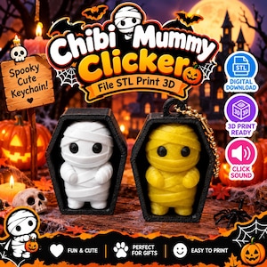 Può includere: Un file STL stampabile in 3D per un portachiavi Chibi Mummy Clicker. Il design presenta una mummia bianca e una mummia gialla, ciascuna alloggiata in una custodia nera a forma di bara. Il download digitale include file pronti per la stampa 3D.
