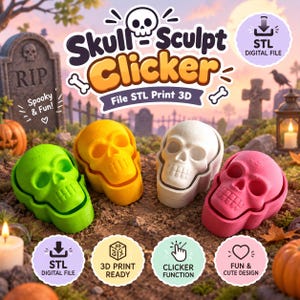 Puede incluir: Un listado de producto digital para un archivo de impresión 3D Skull Sculpt Clicker, con cuatro juguetes de clic en forma de calavera de plástico en verde brillante, amarillo, blanco y rosa. La imagen incluye etiquetas de texto para archivos digitales STL, listo para impresión 3D, función de clic y diseño divertido.
