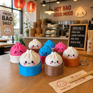 Puede incluir: Una colección de pequeños llaveros con forma de bao redondo que presentan caras sonrientes con mejillas rosadas. Los bao están colocados en coloridas cestas de vapor en miniatura en tonos azul, marrón, rosa y blanco sobre una mesa.