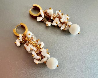 White Agate Cluster Dangle Earrings: Gold-Plated Stainless Steel