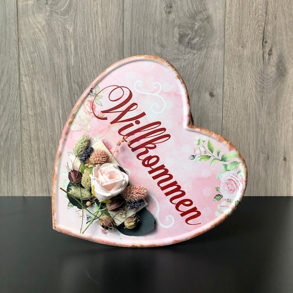 Türschild Willkommen I Haustüre Deko I Willkommensschild Hochzeit I Geschenke zum Einzug I Schild Herzlich Willkommen I Herz Trockenblumen