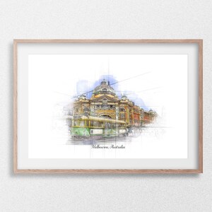 May include: A watercolor illustration of a building with a dome and a tram in front of it. The building is in a sketch style and the tram is in a more realistic style. The text "Melbourne, Australia" is at the bottom of the image.
