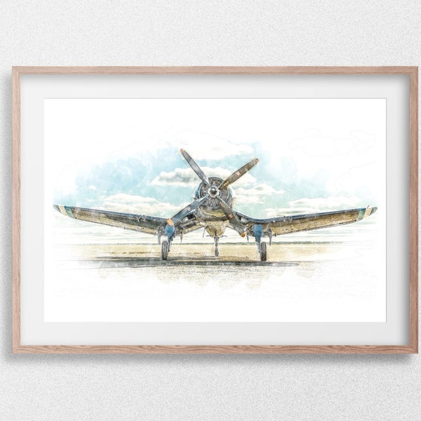 Watercolor artwork of the Vought F4U Corsair. Custom printable Digital Download, Multiple Sizes, Inc Samsung Frame TV Format. WW2 Fighter