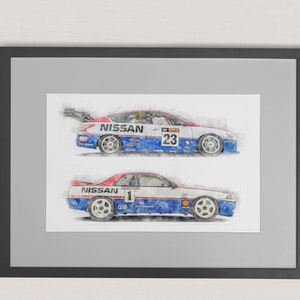 May include: A framed watercolor illustration of two Nissan race cars. The top car is white with red and blue accents and the number 23. The bottom car is white with blue and red accents and the number 1.