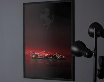 Könnte beinhalten: Ein schwarzer gerahmter Poster mit rotem Hintergrund, auf dem ein rotes Rennfahrzeug und ein silbernes springendes Pferd abgebildet sind.