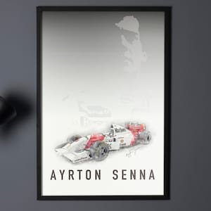 Puede incluir: Una ilustración de acuarela de un coche de carreras de Fórmula 1 blanco y rojo con el texto "AYRTON SENNA" debajo del coche.