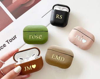 Custom Genuine Leather Airpods Pro Case, Personalized Monogram Airpods 1/2/3 Pebble Leather Case, Customized AirPods Pro Case Cover