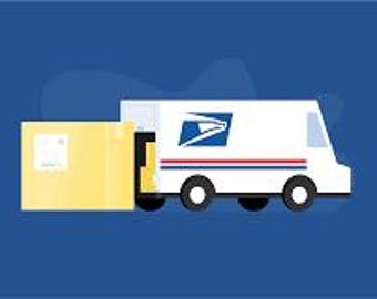 May include: Illustration of a white USPS delivery truck with the USPS logo on the side, delivering a large yellow package. The truck has red and blue stripes and is set against a dark blue background.