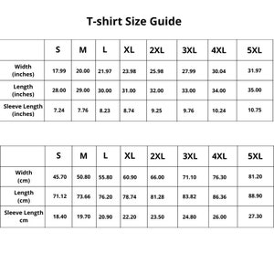 Puede incluir: Gu&iacute;a de tallas de camiseta con medidas en pulgadas y cent&iacute;metros. La tabla muestra el ancho, la longitud y la longitud de la manga para las tallas S a 5XL.