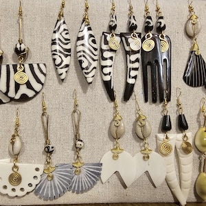African Collection of handcrafted batik bone earrings with brass and cowrie shells.Boho chic l Afrocentric l Tribal