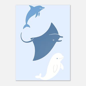 Poster Ocean Friends - Delfino, balena beluga e manta - Decorazione murale per la cameretta dei bambini - Poster in carta opaca di alta qualità