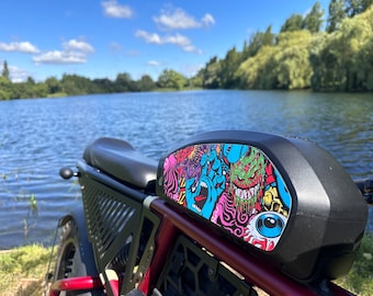 May include: A black electric bicycle with a colorful graphic design on the battery compartment, parked near a lake. The artwork features monster-like faces and abstract shapes in various colors. The bike has a black seat and frame.