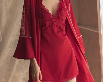 Pyjama sexy en dentelle femme| Pyjama Ice Silk Halter avec coussinets de poitrine| Robe| Pyjamas Ensemble deux pièces| Pyjama érotique| Costumes d’Halloween