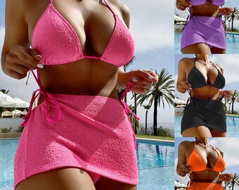 Bikini sexy| Maillot de bain trois pièces pour femme| Europe et États|suivrettes de couleur unie bikini|bandier bikini