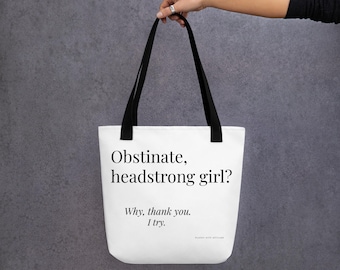 Bolso tote de Jane Austen, cita de una chica obstinada y testaruda, accesorio para amantes de la literatura.