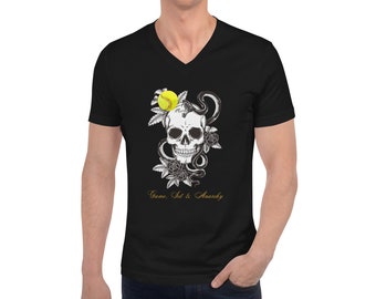 Camiseta unisex de manga corta con cuello de pico para los amantes del tenis: juego, juego y anarquía