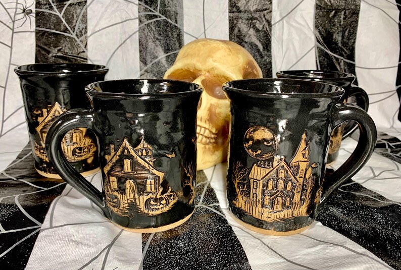 16oz Haunted House Mug. Slab, Coil, and Wheel Built. Embossed Haunted