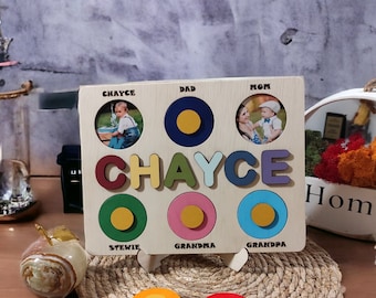 Birthday Kids Gifts, Montessori Wooden Toys, Photo Puzzle for Baby Girl or Baby Boy, Wooden Name Puzzle with Family Pictures Colorful