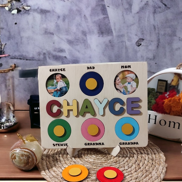Cadeaux d'anniversaire pour enfants, jouets en bois Montessori, puzzle photo pour bébé fille ou bébé garçon, puzzle de nom en bois avec photos de famille colorées