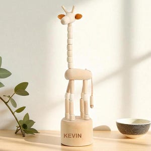 Montessori Wooden Giraffe Toy – Waldorf Push Button Animal Toy – Handmade Wood Toy for Toddlers - Collapsible Wood Push Toy Giraffe