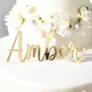 Mirror GOLD Acrylic Name Cake Charm, Custom Acrylic Cake Topper, Wood Cake Topper, Cake Décor, Laser Cut Name, Birthday Cake Topper