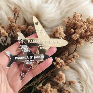 Aimant "retenez cette date" pour mariage à destination, gravures d'avions, miroir or/argent/or rose/bois, cadeau de mariage à destination sur le thème du voyage