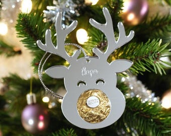 Personalized Christmas Reindeer Bauble: Gold Mirror Chocolate Holder