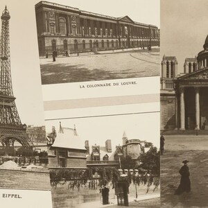 Può includere: Collage in tonalità seppia di monumenti parigini, tra cui la Torre Eiffel, l'Arco di Trionfo, il colonnato del Louvre e il Panthéon. L'immagine presenta dettagli architettonici e testo in francese, evocando un'estetica di viaggio vintage.