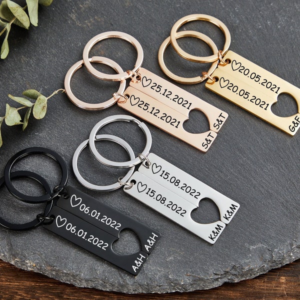 Paar Schlüsselbund Set Herz, personalisierte 2 Stück passende Paar Schlüsselring, Geschenk für Ihn Sie, gravierte Schlüsselbund, kundenspezifische Schlüsselbund, Geschenk zum Valentinstag