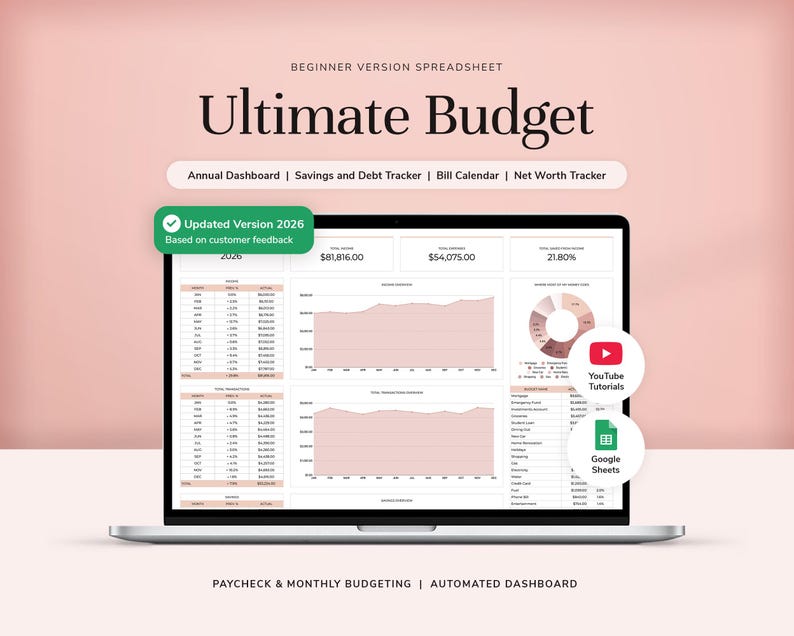 May include: A laptop screen displaying an Ultimate Budget beginner version spreadsheet with an annual dashboard, savings and debt tracker, bill calendar, and net worth tracker. The interface includes data tables, line graphs, a pie chart, and icons for YouTube Tutorials and Google Sheets.