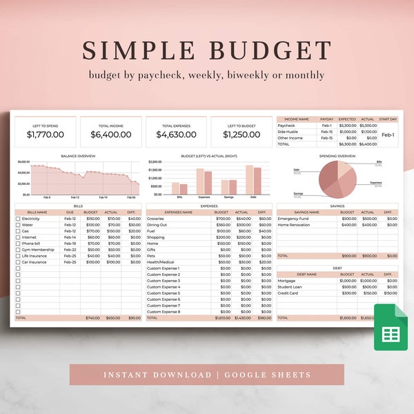 Budget Spreadsheet 1.0 for Google Sheets, Budget Template, Budget Planner, Paycheck Budget, Monthly Budget, Weekly Budget, Budget Tracker