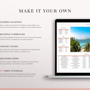 May include: A digital travel planner displayed on a laptop screen, featuring sections for trip overview, tasks, packing lists, and a detailed schedule. The text 'MAKE IT YOUR OWN' appears above lists detailing flexible planning, currency, color, and row options.